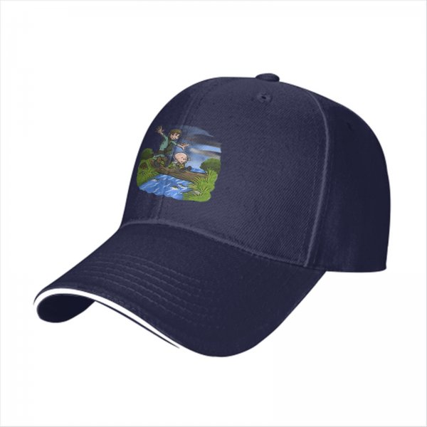 Black Baseball Cap With Cartoon Boys Crossing Stream Artwork