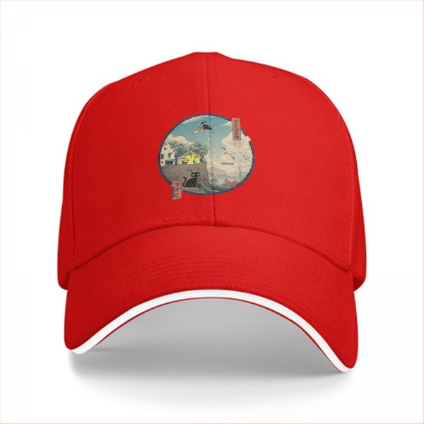 Black baseball cap with witch and black cat fantasy town print