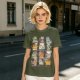 Olive green t-shirt with cute mythical monster cat graphic prints