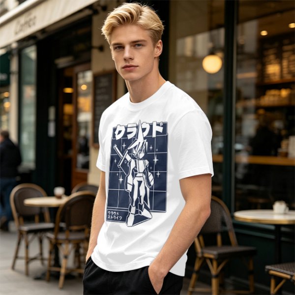 Olive t-shirt with stylized anime warrior graphic and Japanese text