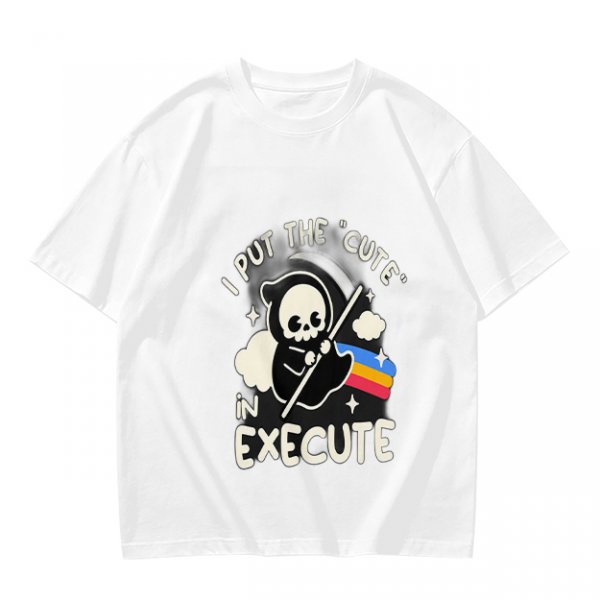 Olive t-shirt with cute grim reaper 'I put the cute in execute' print