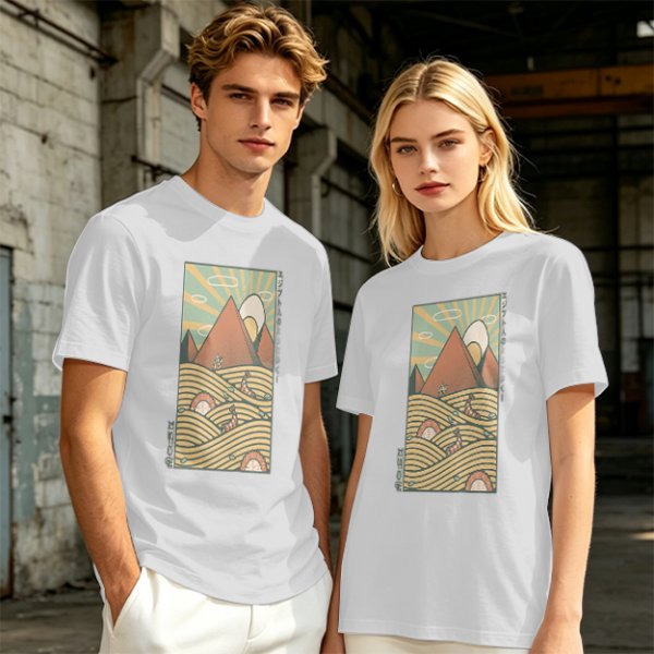 Olive T-Shirt With Retro Mountain And Ramen Noodle Landscape Print