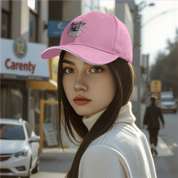 Black baseball cap with Trash Club graphic featuring cartoon mouse in trash can