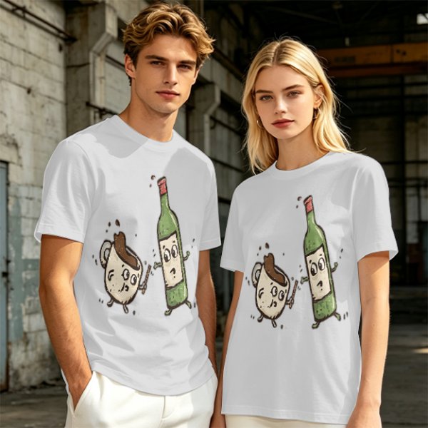 Olive T-Shirt With Cartoon Coffee Mug And Wine Bottle Print