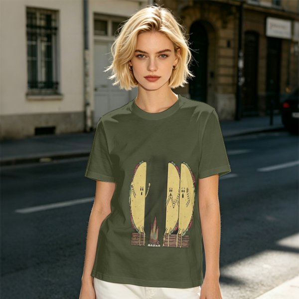 Olive T-Shirt With Funny Taco Characters Around A Campfire