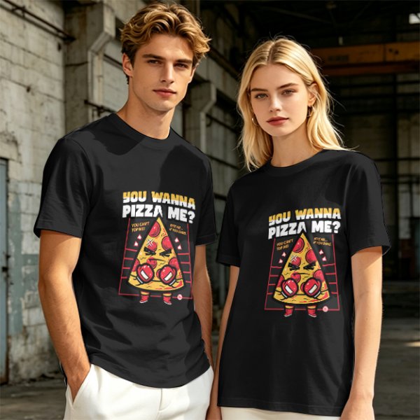 Olive t-shirt with angry boxing pizza slice graphic and 'You Wanna Pizza Me?' text