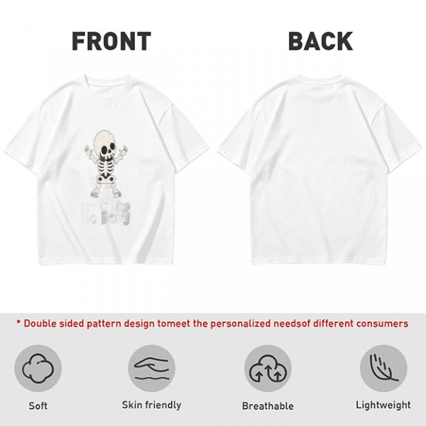 Olive green t-shirt with cute cartoon skeleton graphic
