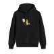 Black hoodie with cartoon burnt marshmallow and flaming match graphic
