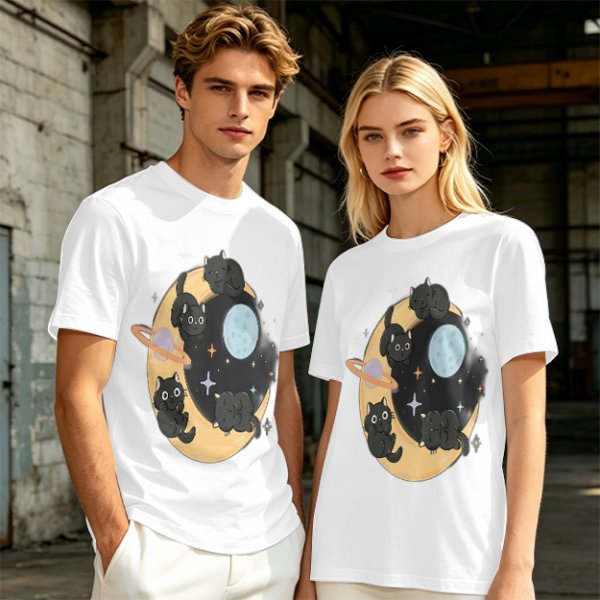 Olive T-Shirt With Black Cats On Crescent Moon Space Print