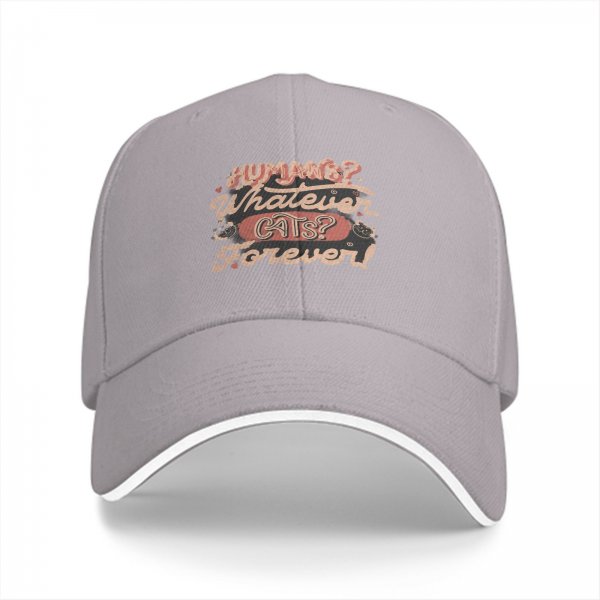 Black baseball cap with 'Humans? Whatever. Cats? Forever!' print