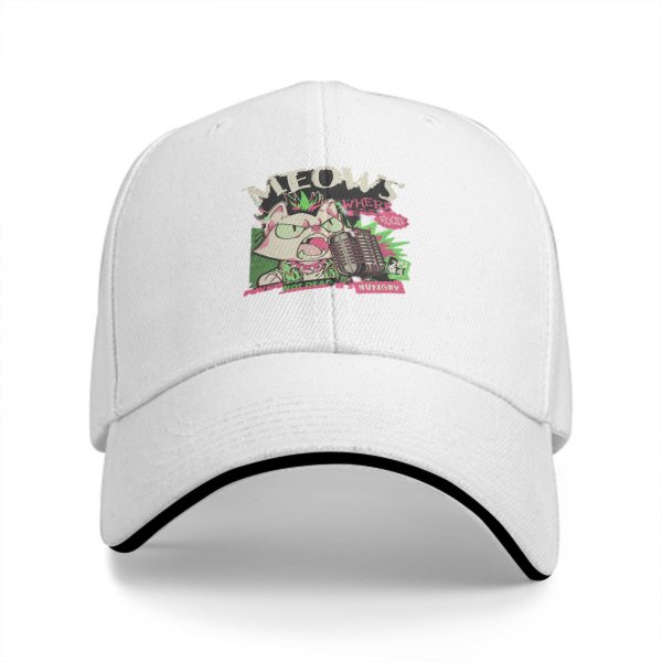 Black baseball cap with punk rock cat graphic design