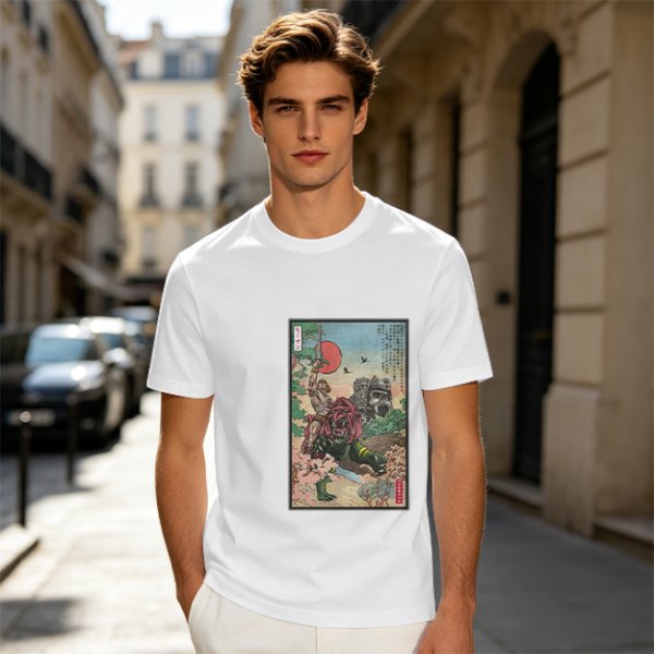 Olive T-shirt with ukiyo-e style fantasy creature graphic print