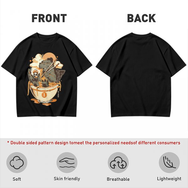 Olive T-Shirt Featuring Godzilla Eating Ramen Noodles