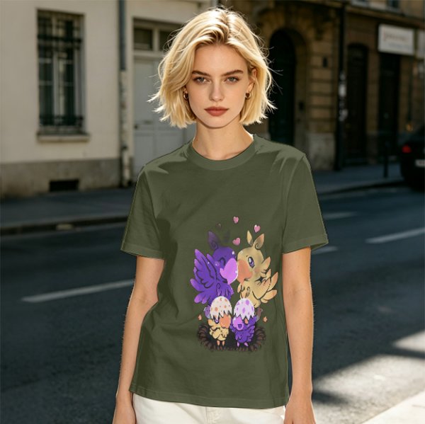 Olive T-Shirt With Cute Fantasy Bird Family Print
