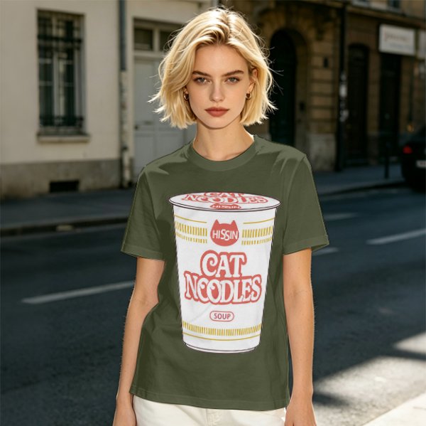 Olive T-shirt with Cat Noodles Cup Print
