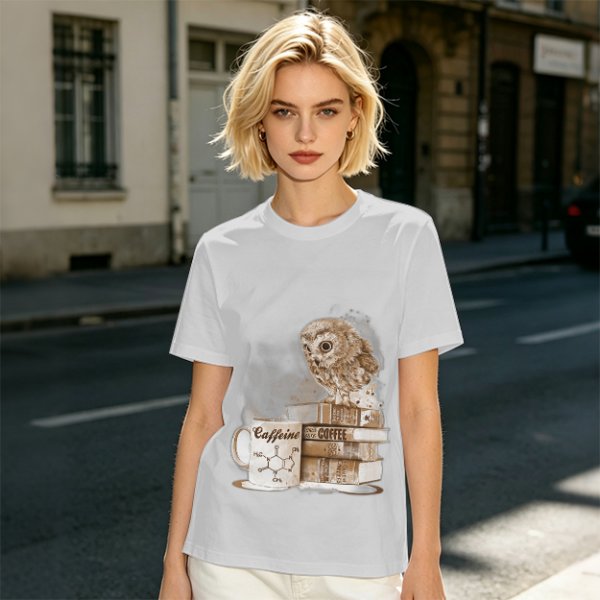Owl on coffee books and caffeine mug graphic t-shirt