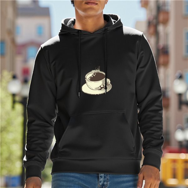 Black Hoodie With Steaming Coffee Cup And Mushroom Print