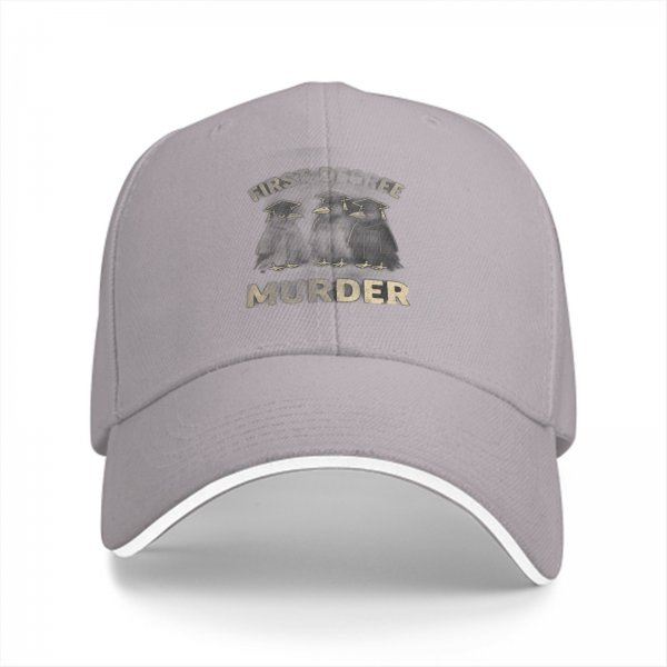 Black baseball cap with 'First Three Murder' and graduation penguins graphic