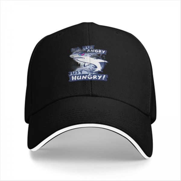 Black Baseball Cap With Shark 'I'm Not Angry Just Hungry' Print
