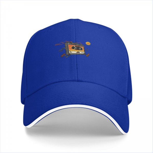Black baseball cap with running cassette tape graphic