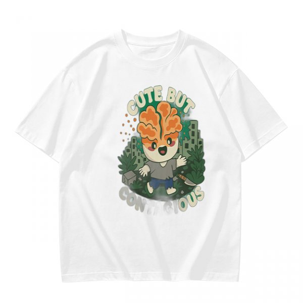 Olive t-shirt with cute brain character and 'Cute But Ous' print