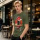 Olive t-shirt with cute cat sushi characters on a wooden platter
