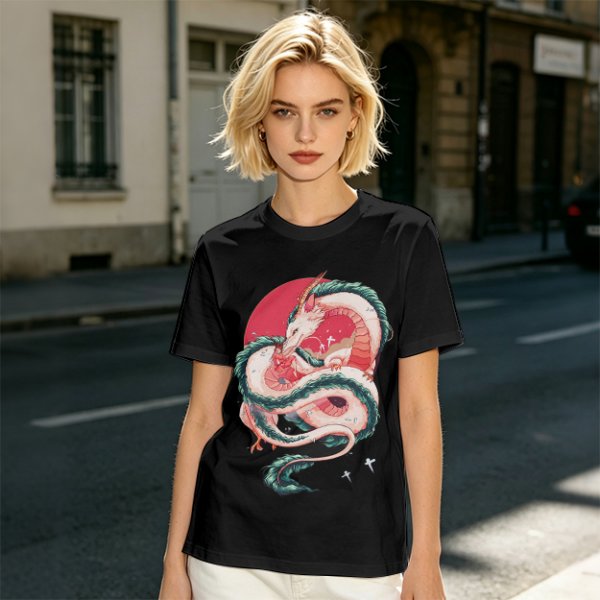 Olive T-shirt with stylized white dragon and red circular graphic print