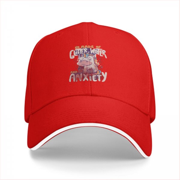 Black baseball cap with glitter water and anxiety unicorn print