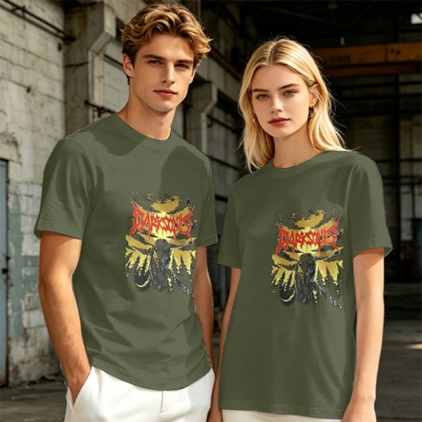 Olive graphic t-shirt with Dark Souls metal-style print
