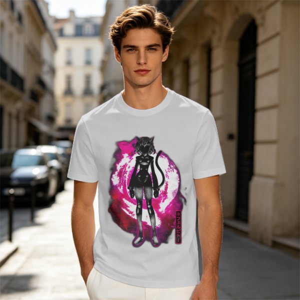 Olive anime cat character graphic t-shirt with pink abstract background