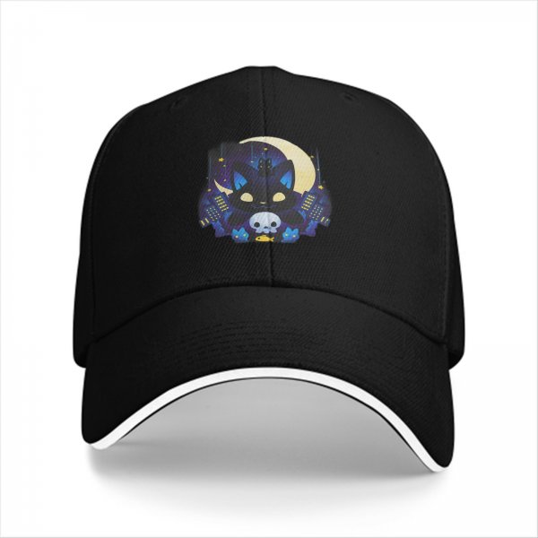 Black Baseball Cap With Night City Black Cat Crescent Moon Skull Art