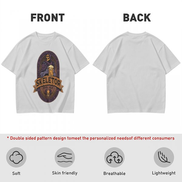 Olive green t-shirt with Skeletor Evil Ale beer graphic