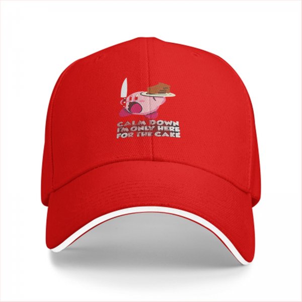 Black baseball cap with Kirby holding cake and knife, text 'Calm Down I'm Only Here For The Cake'