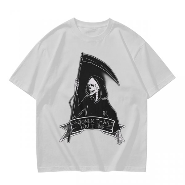 Olive Grim Reaper Graphic T-Shirt With Sooner Than You Think Text