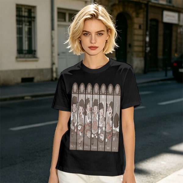 Olive Green T-Shirt with Cartoon Medieval Tavern Scene Print