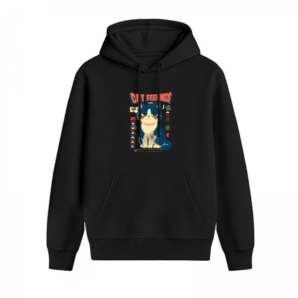 Black hoodie with a grumpy cat 'Cat Feelings' graphic print