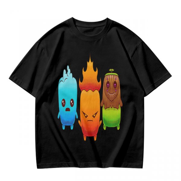 Olive T-Shirt With Cute Water Fire And Earth Elemental Characters