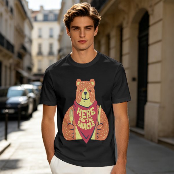 Olive T-Shirt With Happy Bear Holding Fork And Knife Here For Snacks Print
