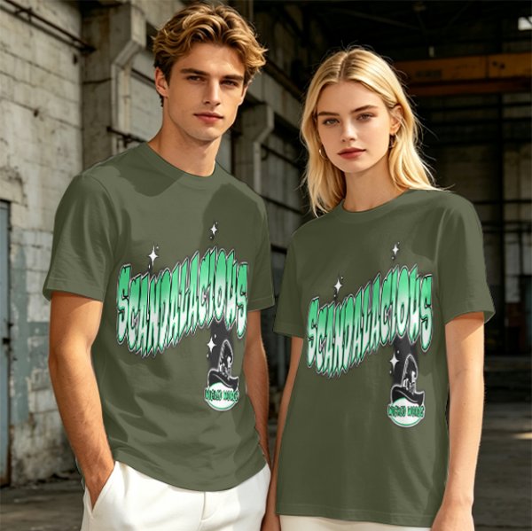 Olive green graphic t-shirt with 'Scandalacious' print and witch hat design