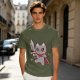 Olive T-shirt with cute warrior cat holding a sword graphic