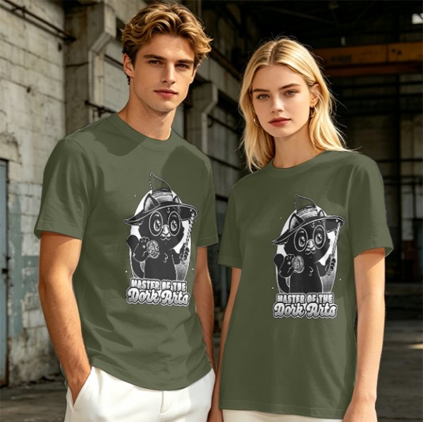 Olive T-Shirt with Black Cat Wizard 'Master of the Dork Arts' Print