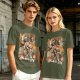 Olive green anime graphic t-shirt with monster and city scene