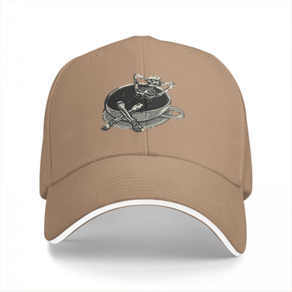 Black baseball cap with skeleton relaxing in coffee cup graphic