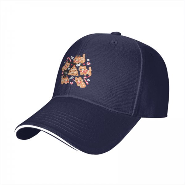 Black Baseball Cap With Christmas Gingerbread Cat Print