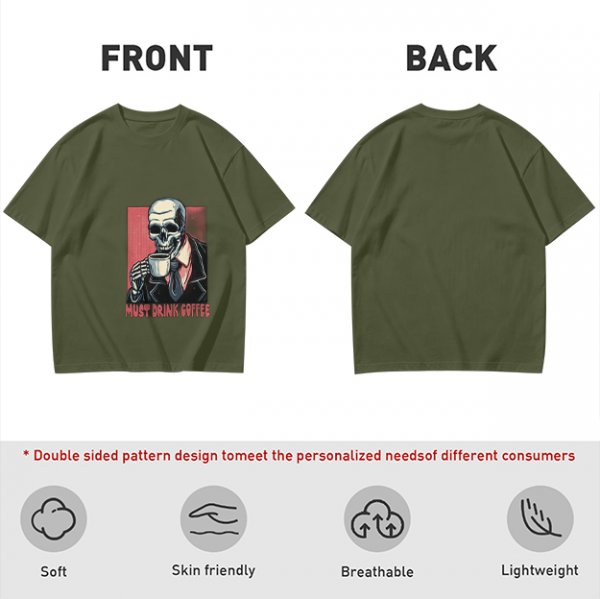 Olive T-shirt with Skeleton Drinking Coffee Must Drink Coffee Print