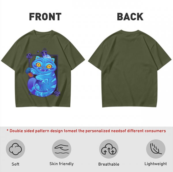 Olive T-Shirt With Cheshire Cat And Crow Graphic Print