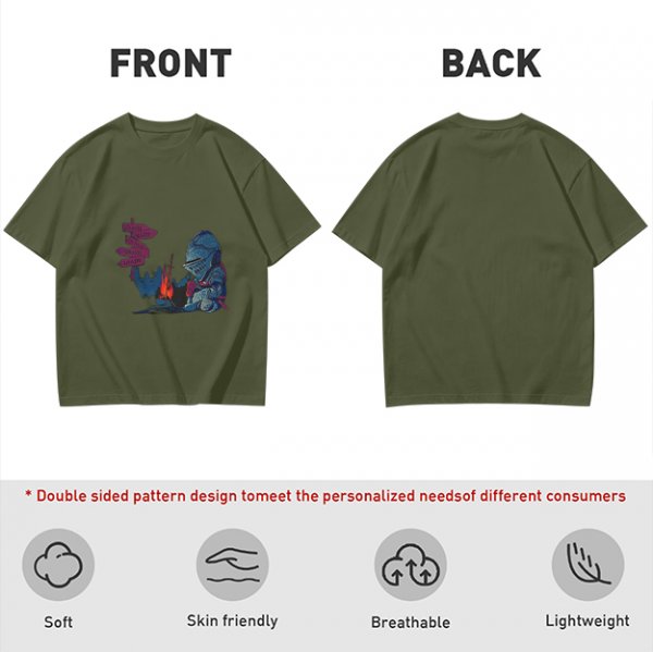 Olive T-Shirt With Dark Souls Knight At Campfire Death Sign Print