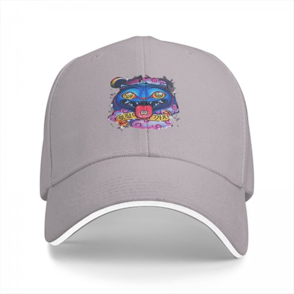 Black baseball cap with psychedelic blue cat graphic design