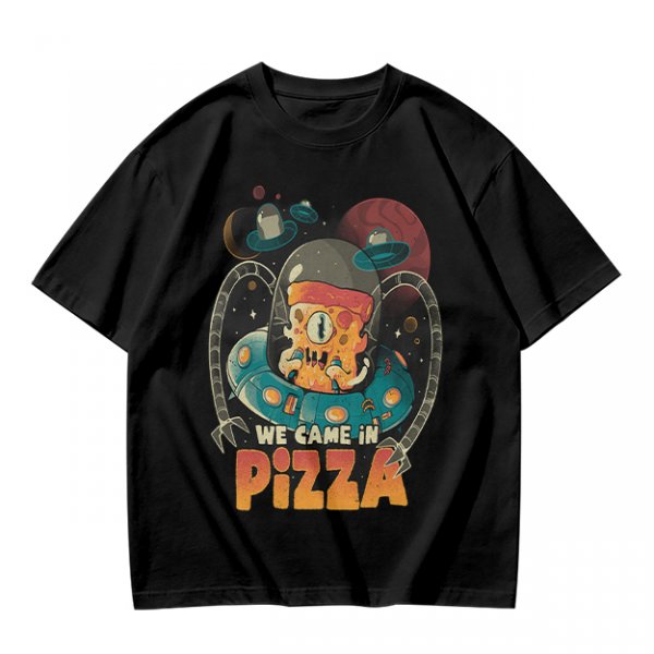Olive t-shirt with space pizza alien graphic and 'We Came in Pizza' text