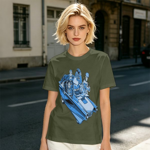Olive T-shirt with retro blue cartoon car and characters graphic